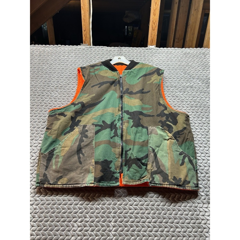 Vintage Woodland Camo Blaze Orange Reversible Hunting Vest Mens 3XL